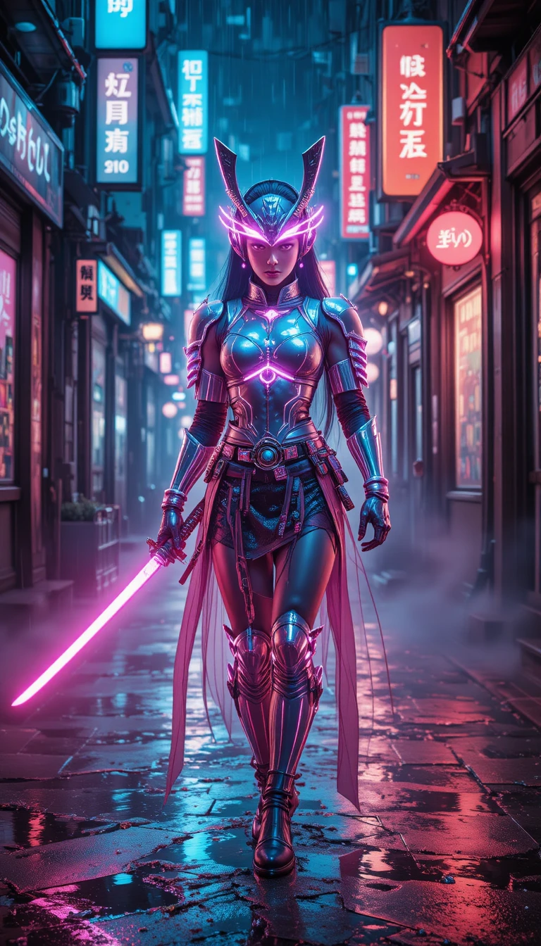 ネオンアーマーをまとった未来的な女侍が雨の路地に立つ