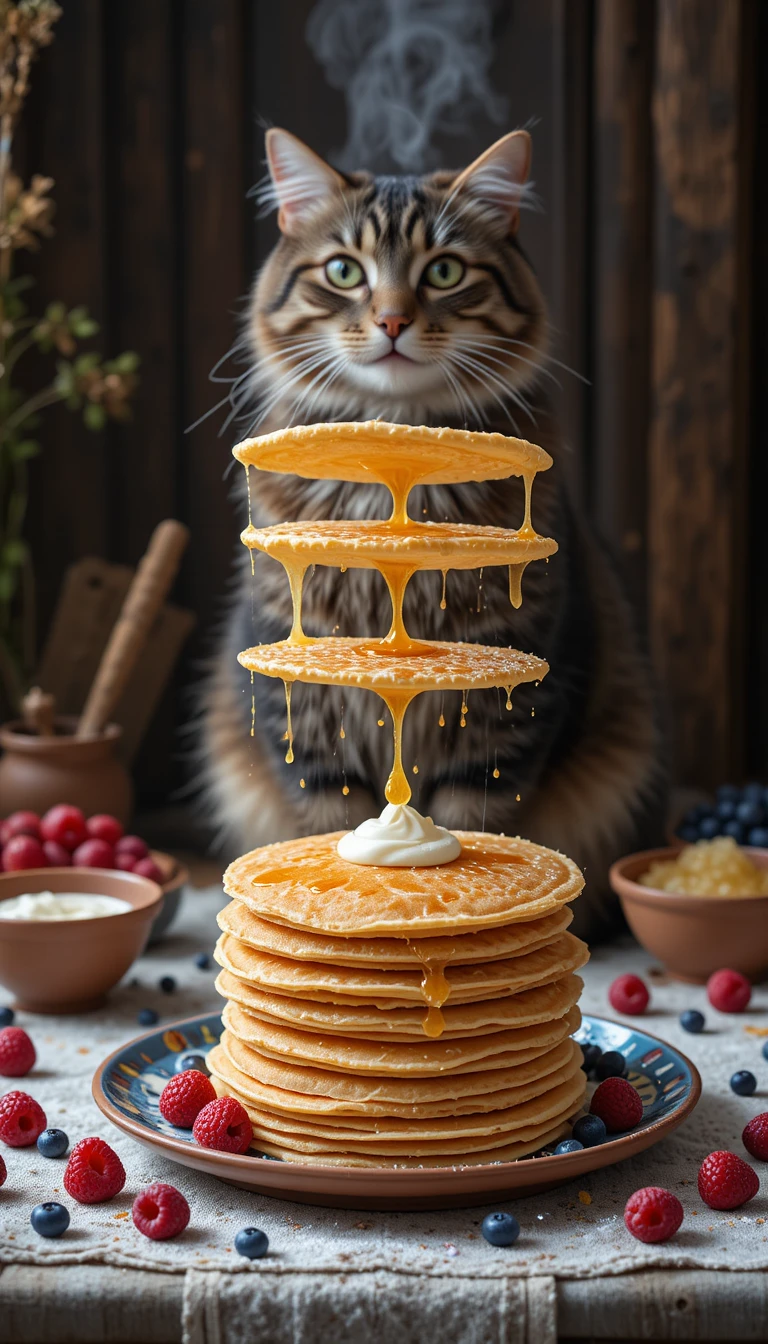 Torre de panqueques flotantes con miel y crema salpicando