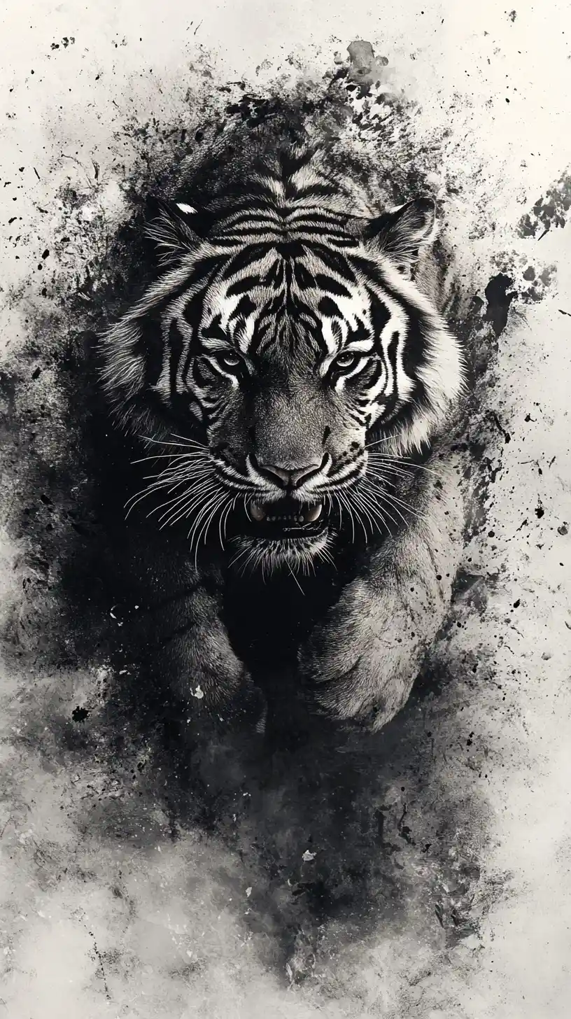 Tigre surreal en acuarela con formas abstractas fragmentadas