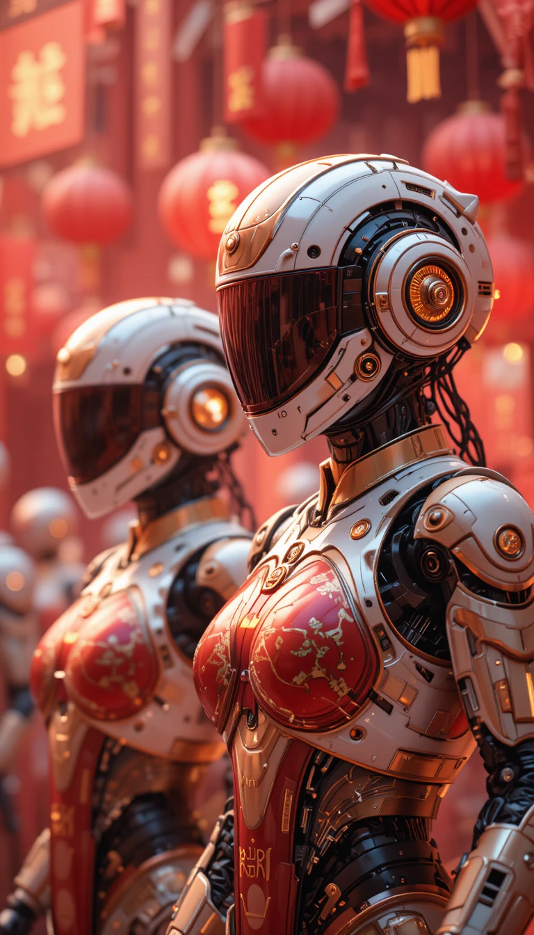 Robots Celebrating Chinese New Year In Neon City Streets