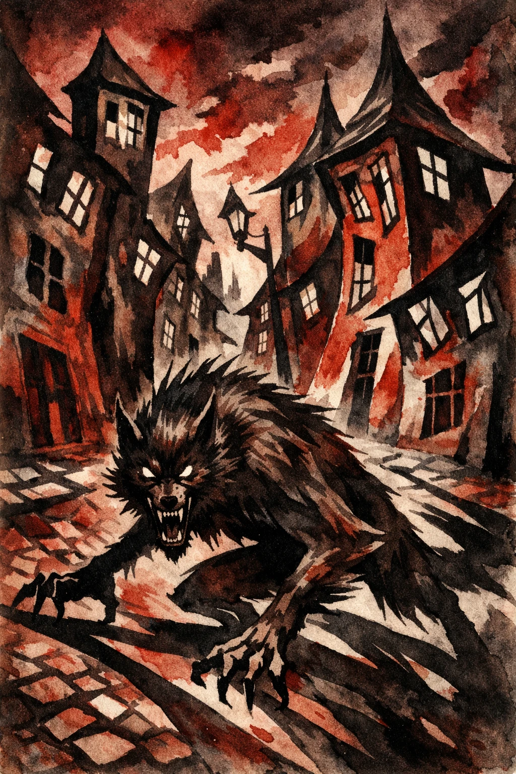 Surreal werewolf on a distorted city street watercolor