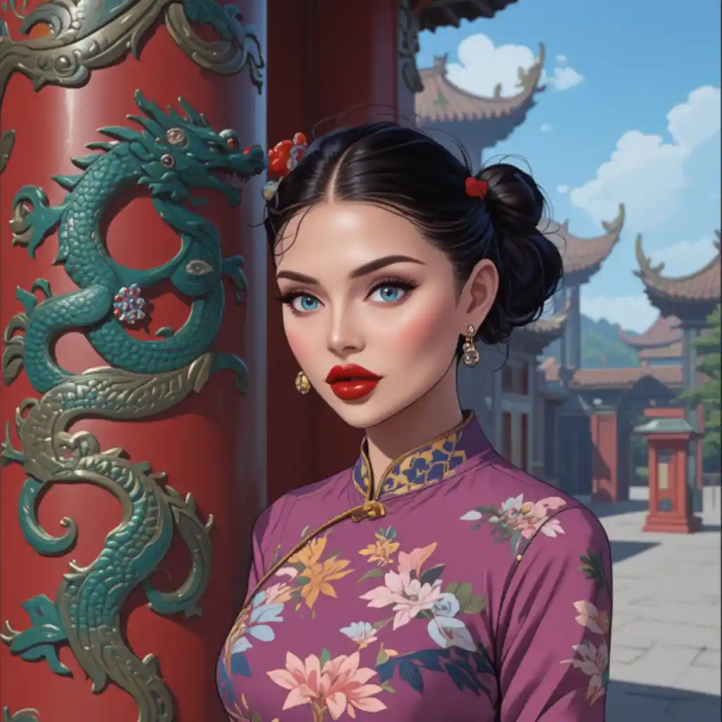 Mujer con qipao floral junto a un pilar de dragón verde en un templo