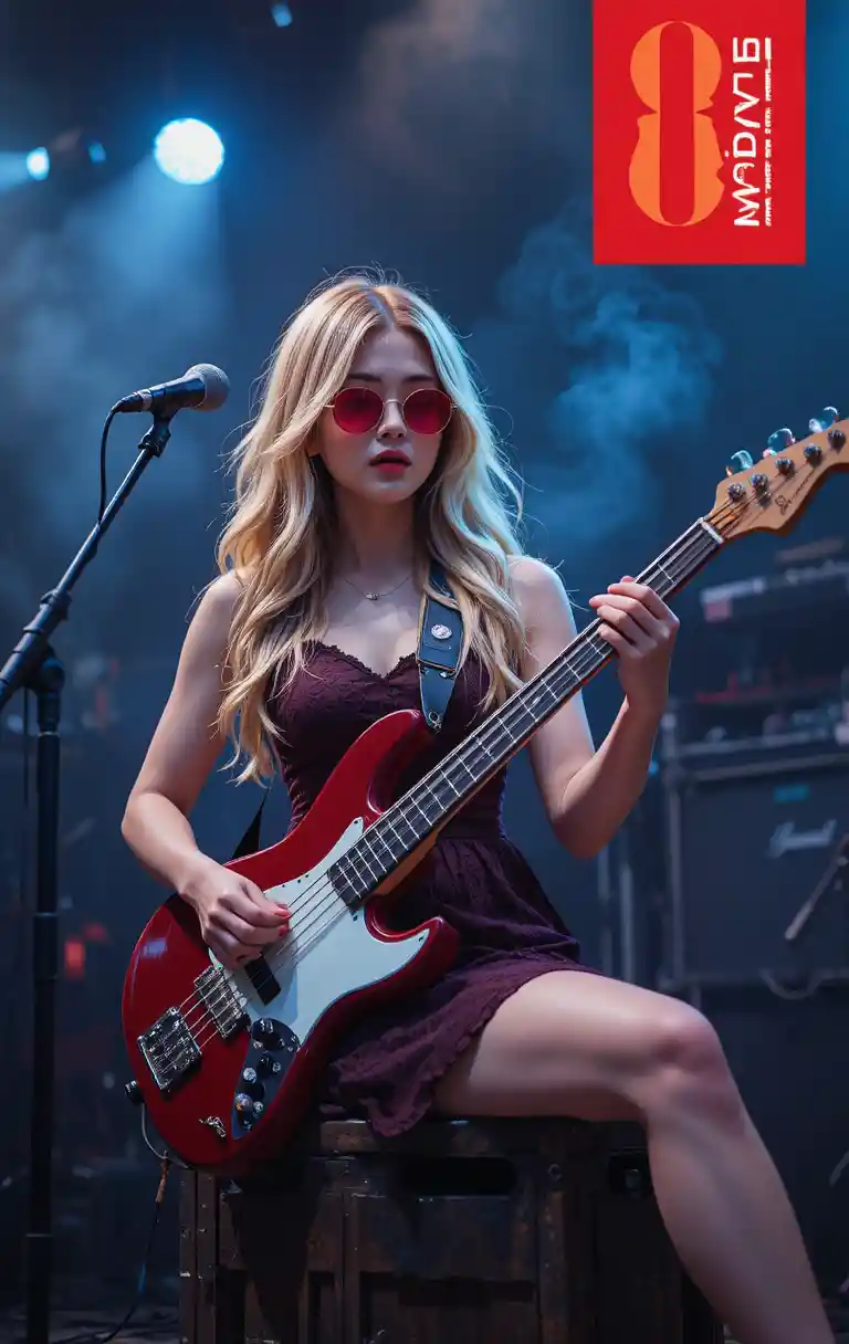 Blonde woman in lace dress playing electric bass guitar