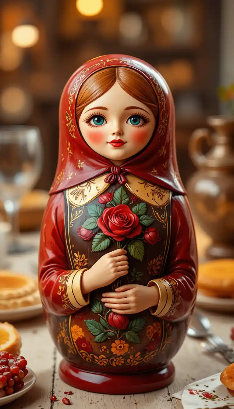 Bambola matrioska di legno con rosa in una morbida luce cinematografica