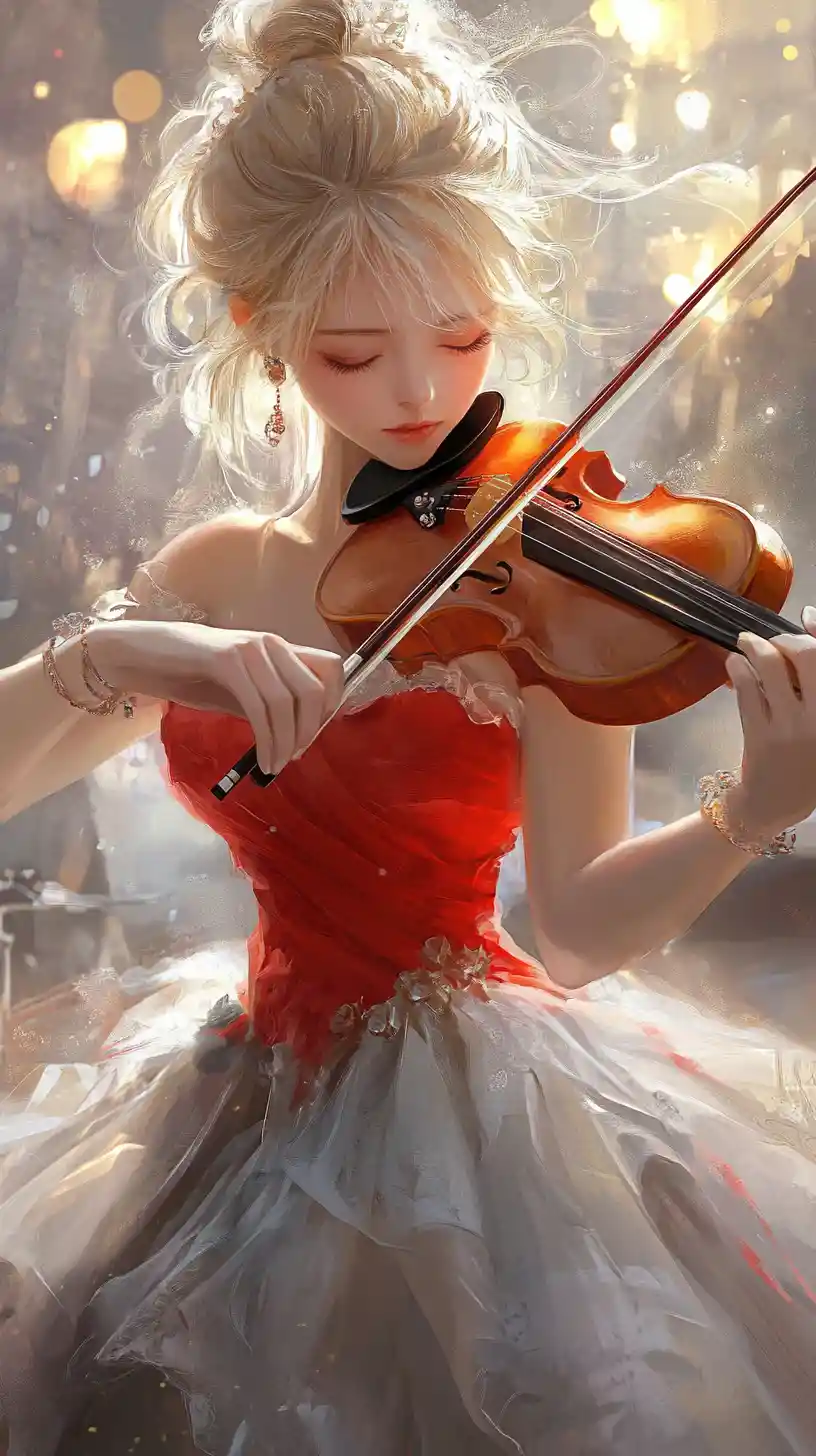 Elegant blonde woman playing violin on concert stage