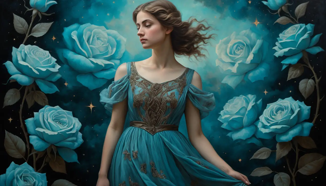 Joven mujer con vestido azul y rosas turquesa de noche