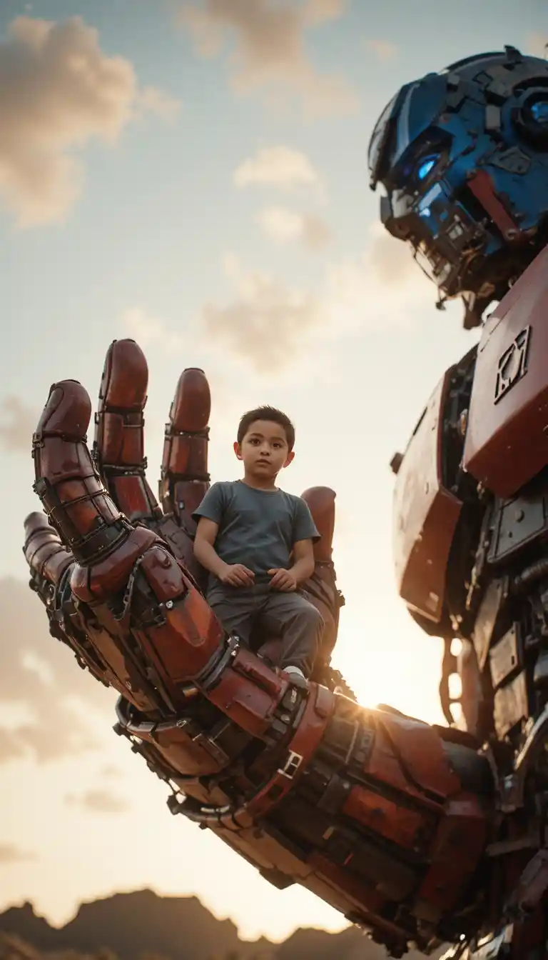 Young boy cradled in a giant robot hand at dusk