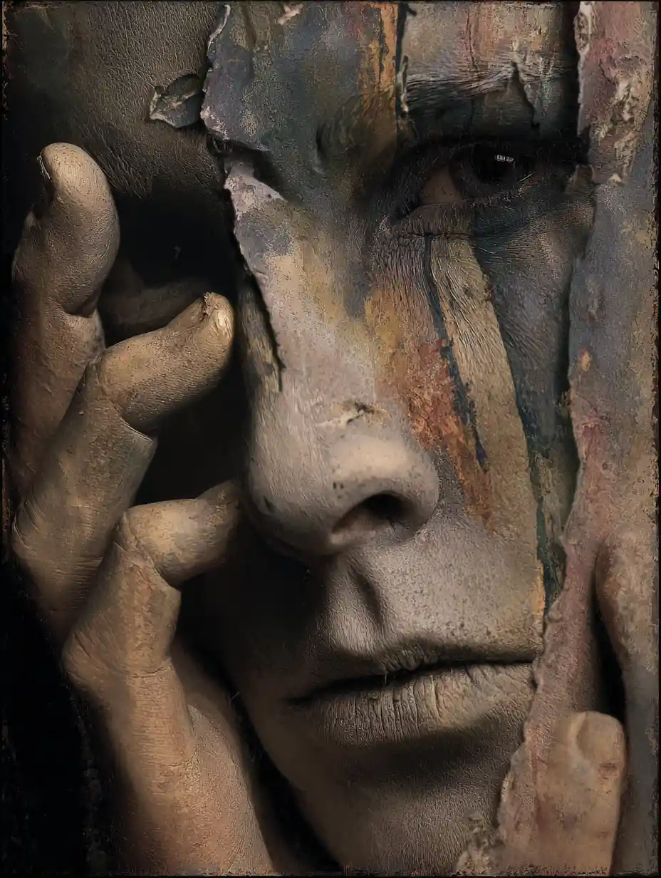 Dark emotional expressionist painting with deep symbolic drama