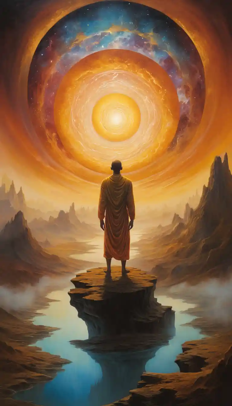 Cosmic being emerging from a glowing astral tapestry