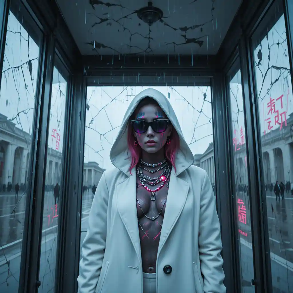 Femme cyberpunk dans une cabine téléphonique sous la porte de la ville