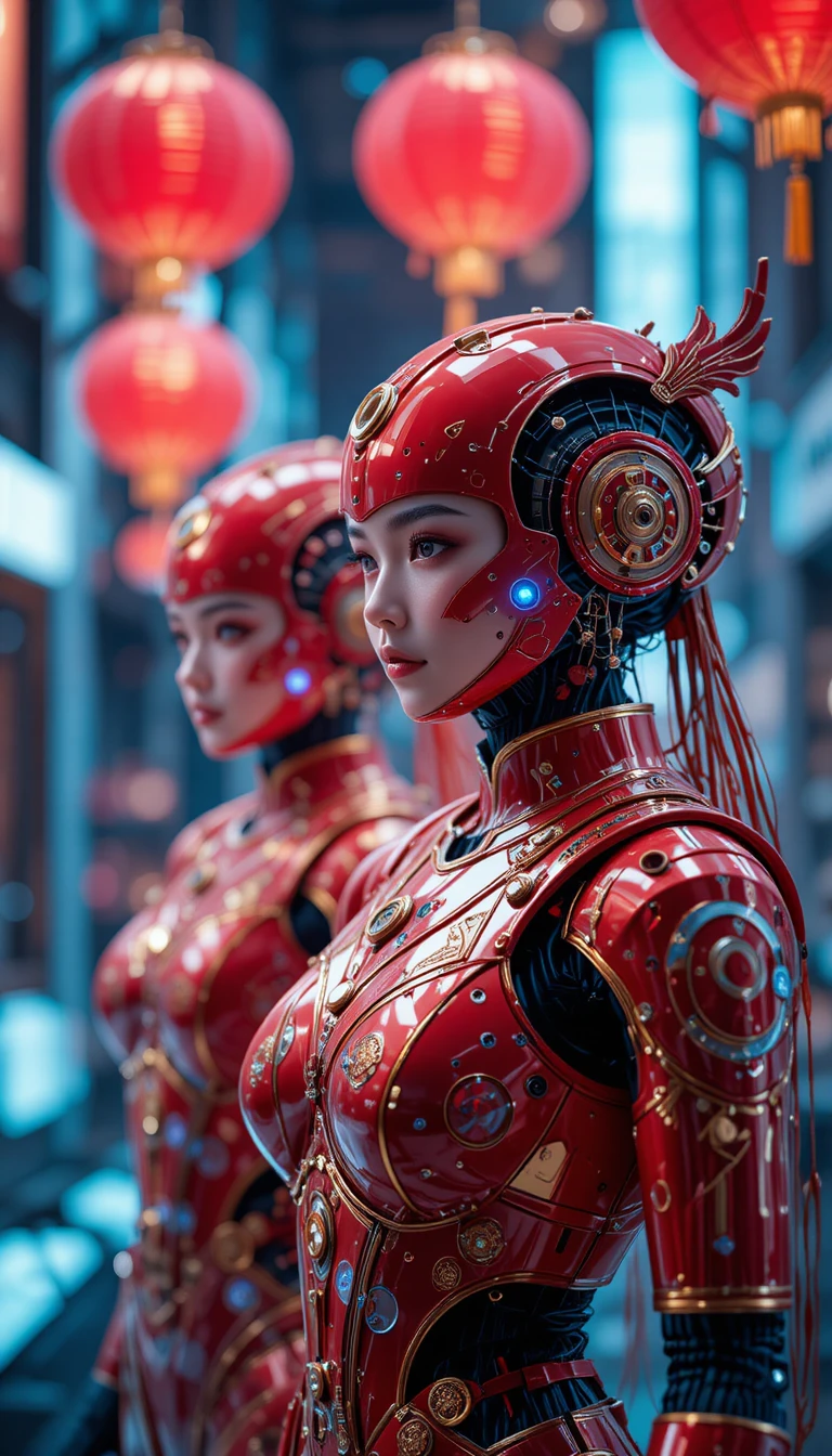Cybernetic humanoids celebrating Chinese New Year in neon city