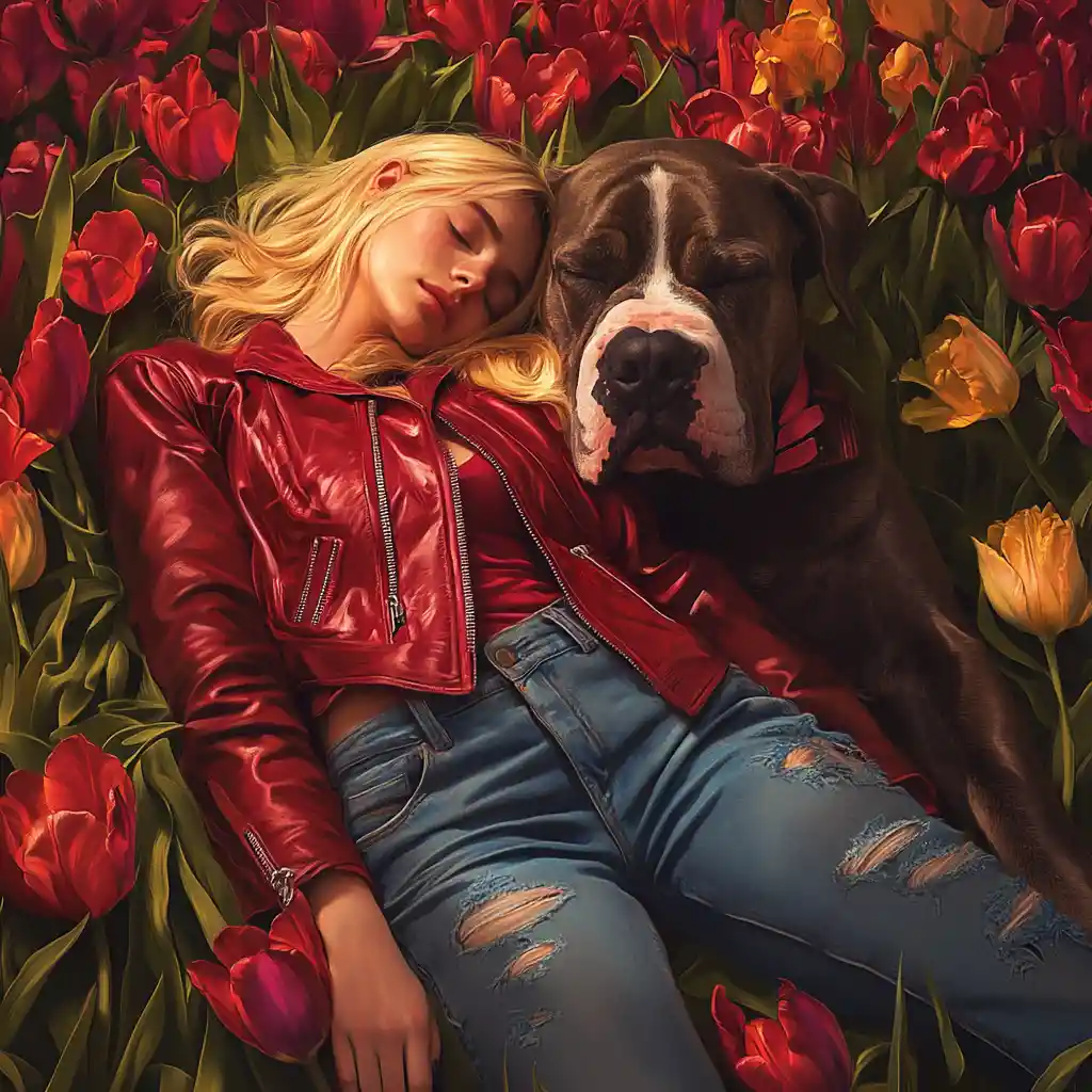 Sleeping girl in tulip field with two guardian dogs