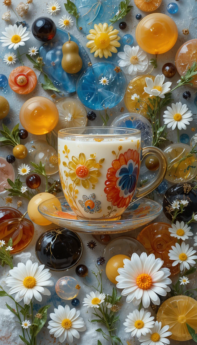 Arreglo colorido de postres 3D con elementos de vidrio esmerilado