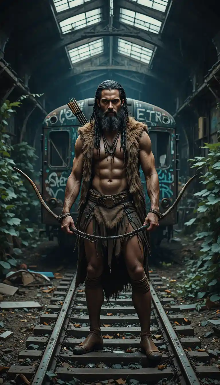 Bearded warrior with bow on tracks in ruined station