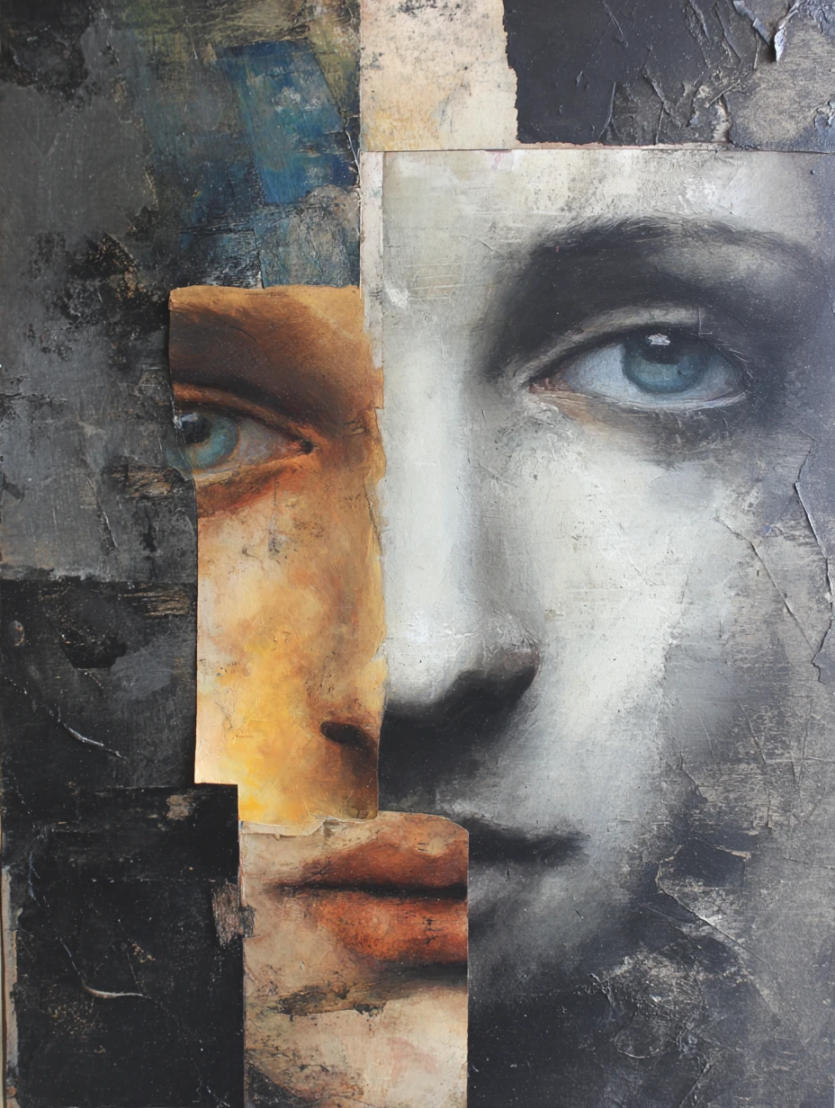 Dark expressive painting with layered emotional tension