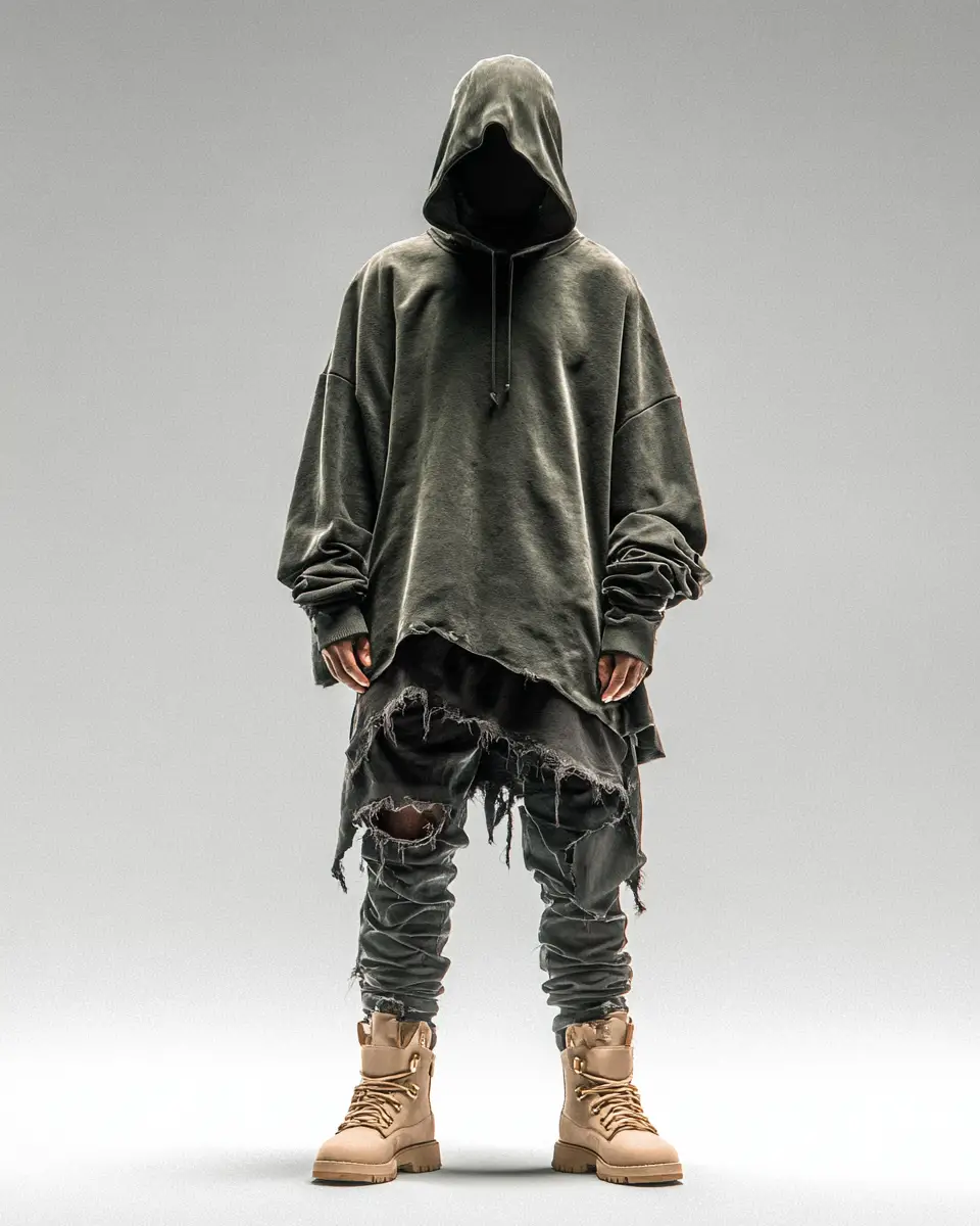 Faceless hooded streetwear model in full body studio pose