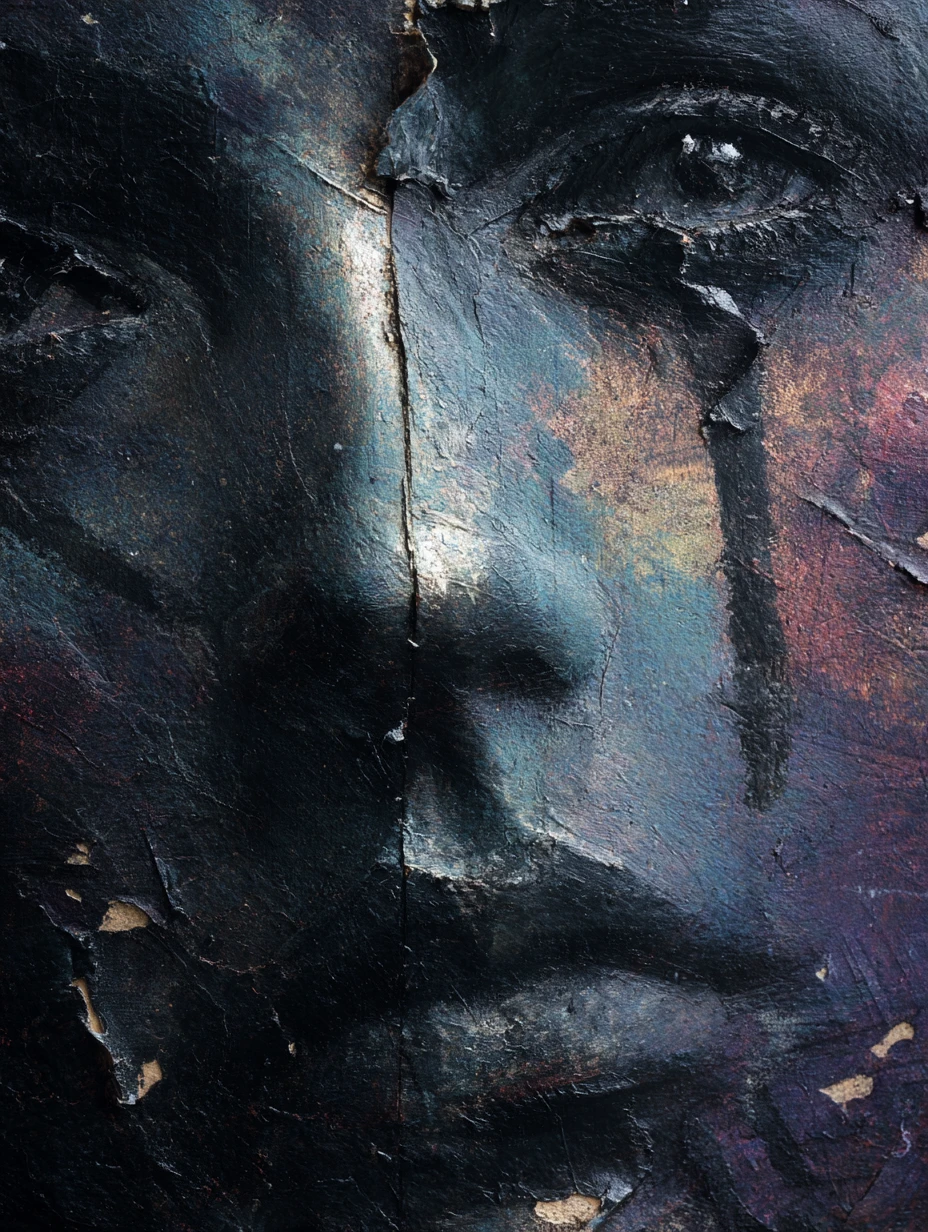 Dark emotional expressionist painting with confronting symbolism