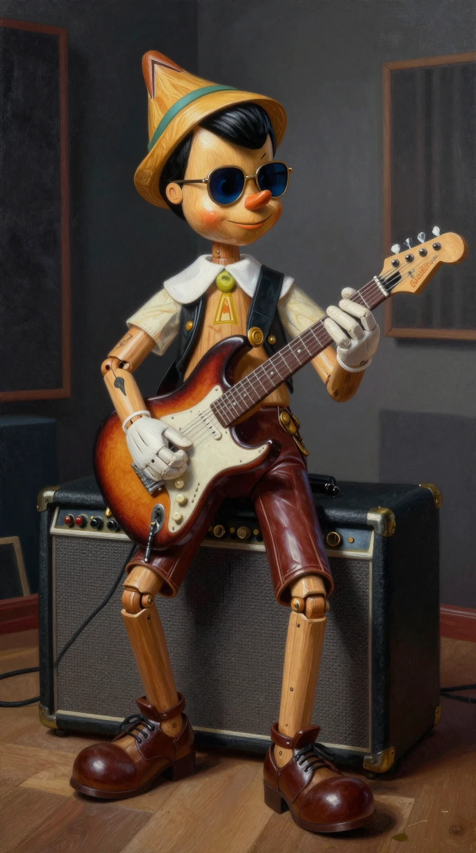 Rocker di legno che suona la chitarra elettrica in uno studio in penombra