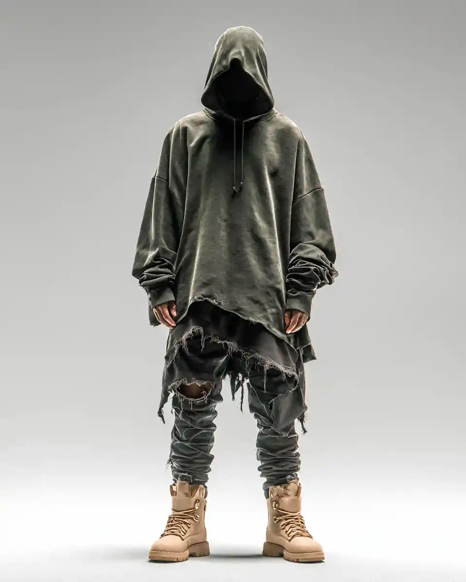 Faceless hooded streetwear model in full body studio pose