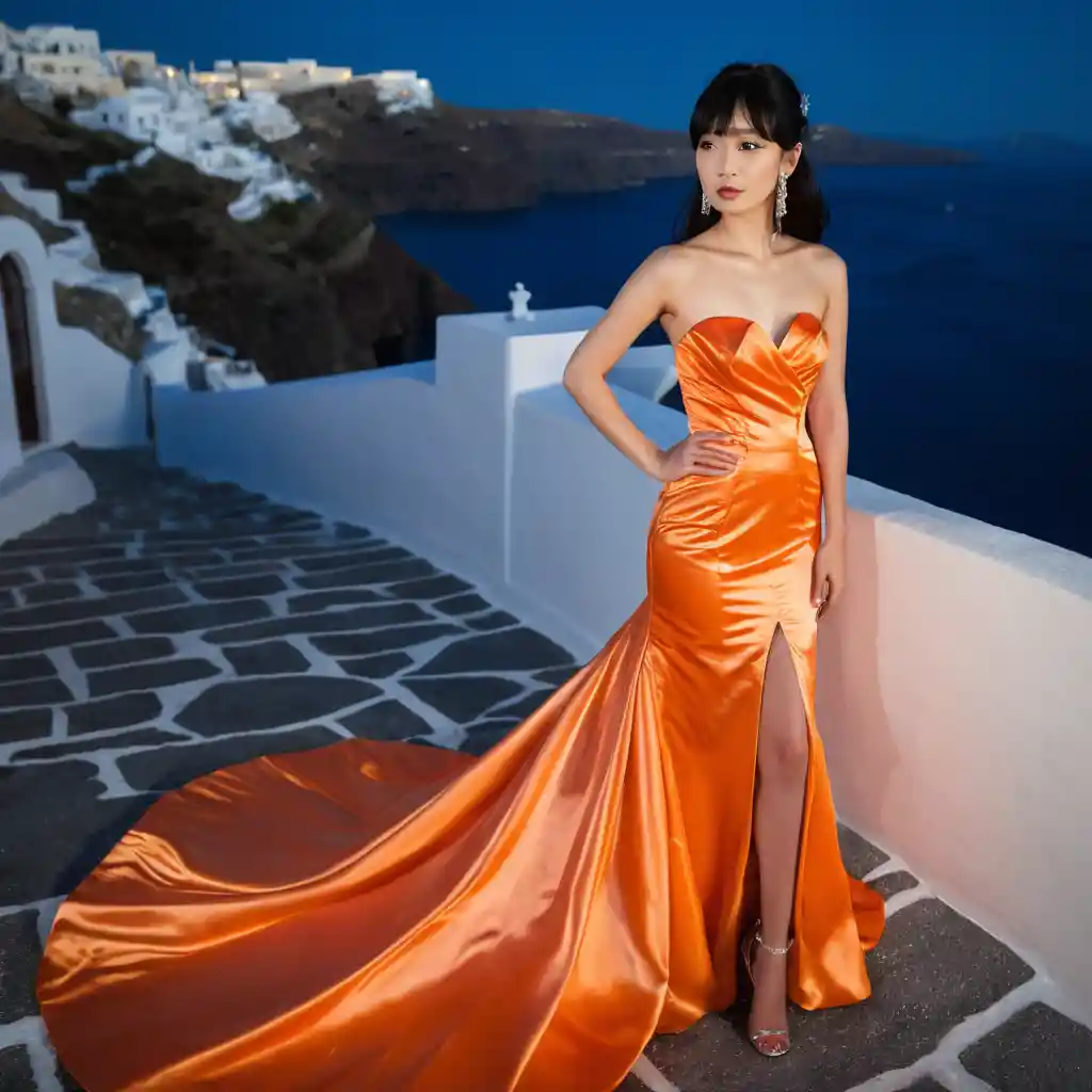 Young woman in orange satin gown at Santorini night