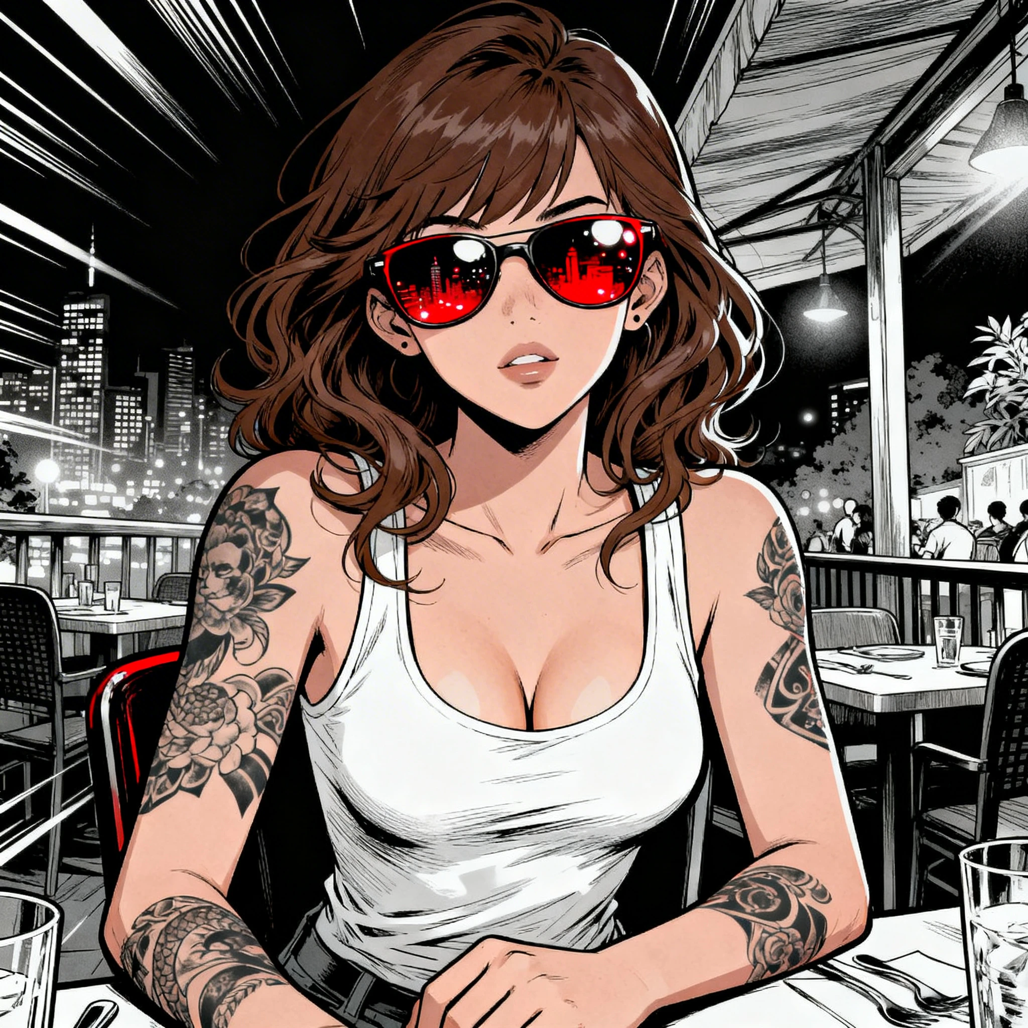 Tattooed girl with sunglasses at night restaurant table