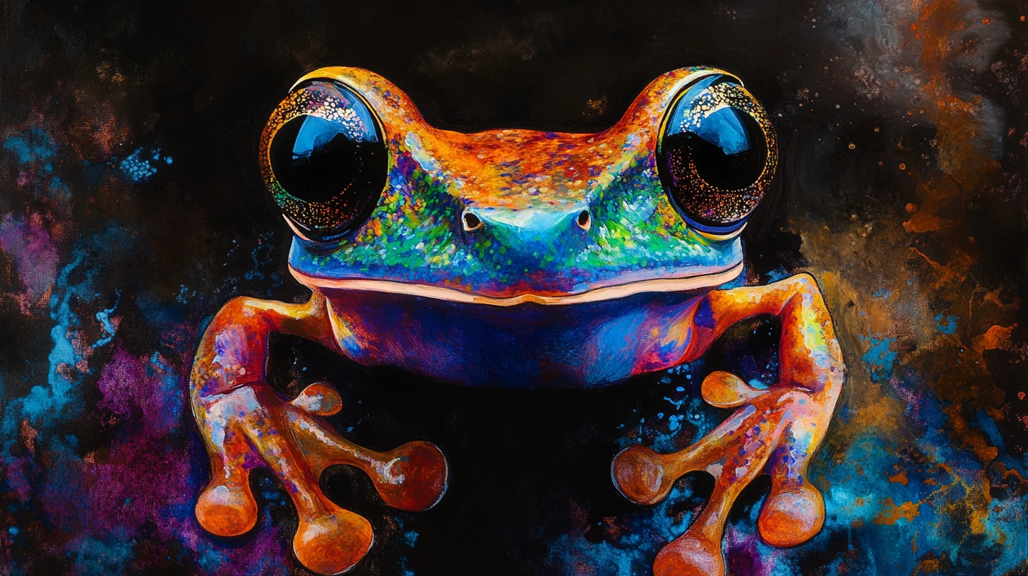 Dart frog in abstract ink with dramatic colorful contrasts
