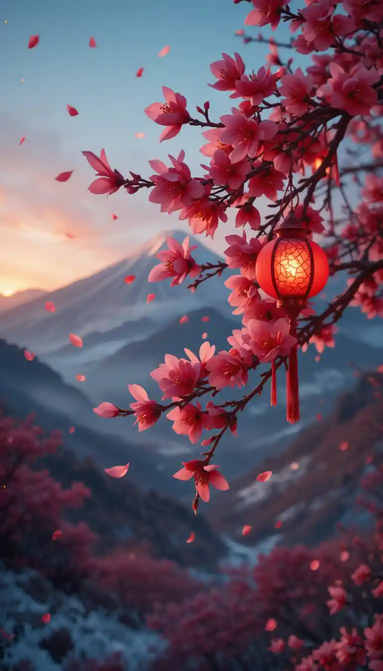 Lantern Lit Blossoms Drifting In The Winter Dusk Air