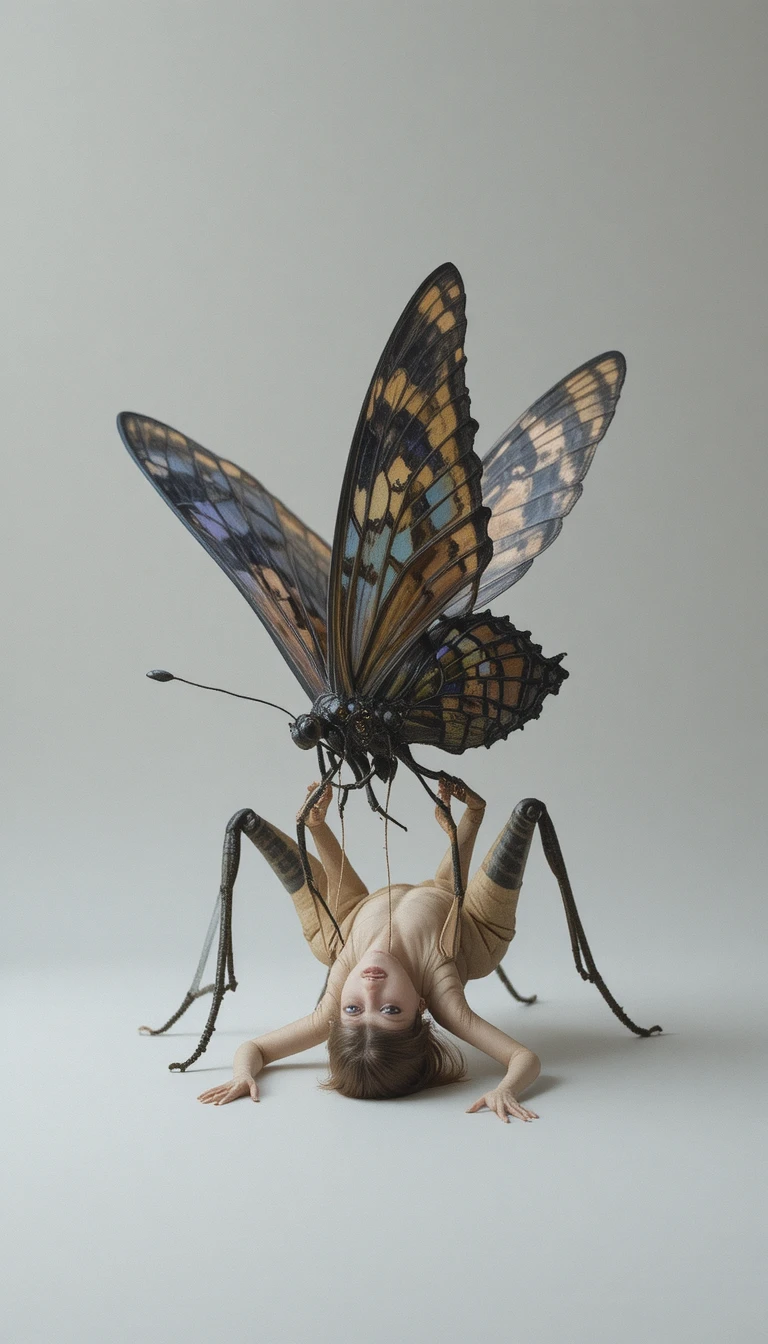Small butterfly lifting a fallen humanoid in surreal space