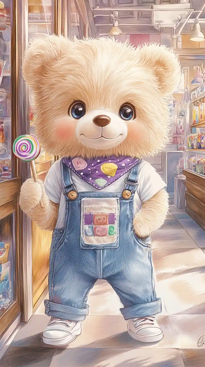 Süßer Teddybär im Süßigkeitenladen Cartoon-Illustration