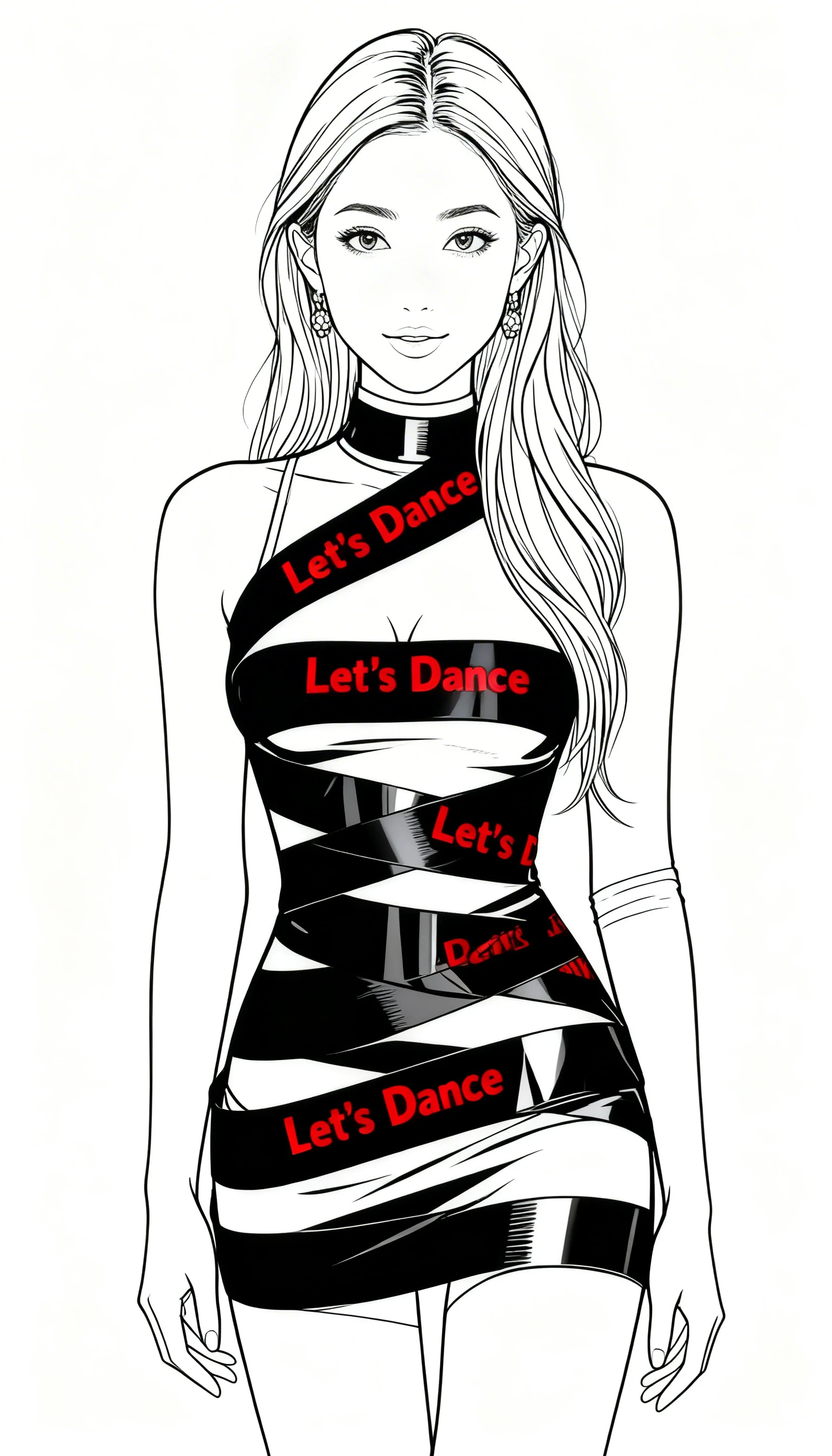 Dynamische Frau in einem gewagten schwarzen Klebeband-Minidress
