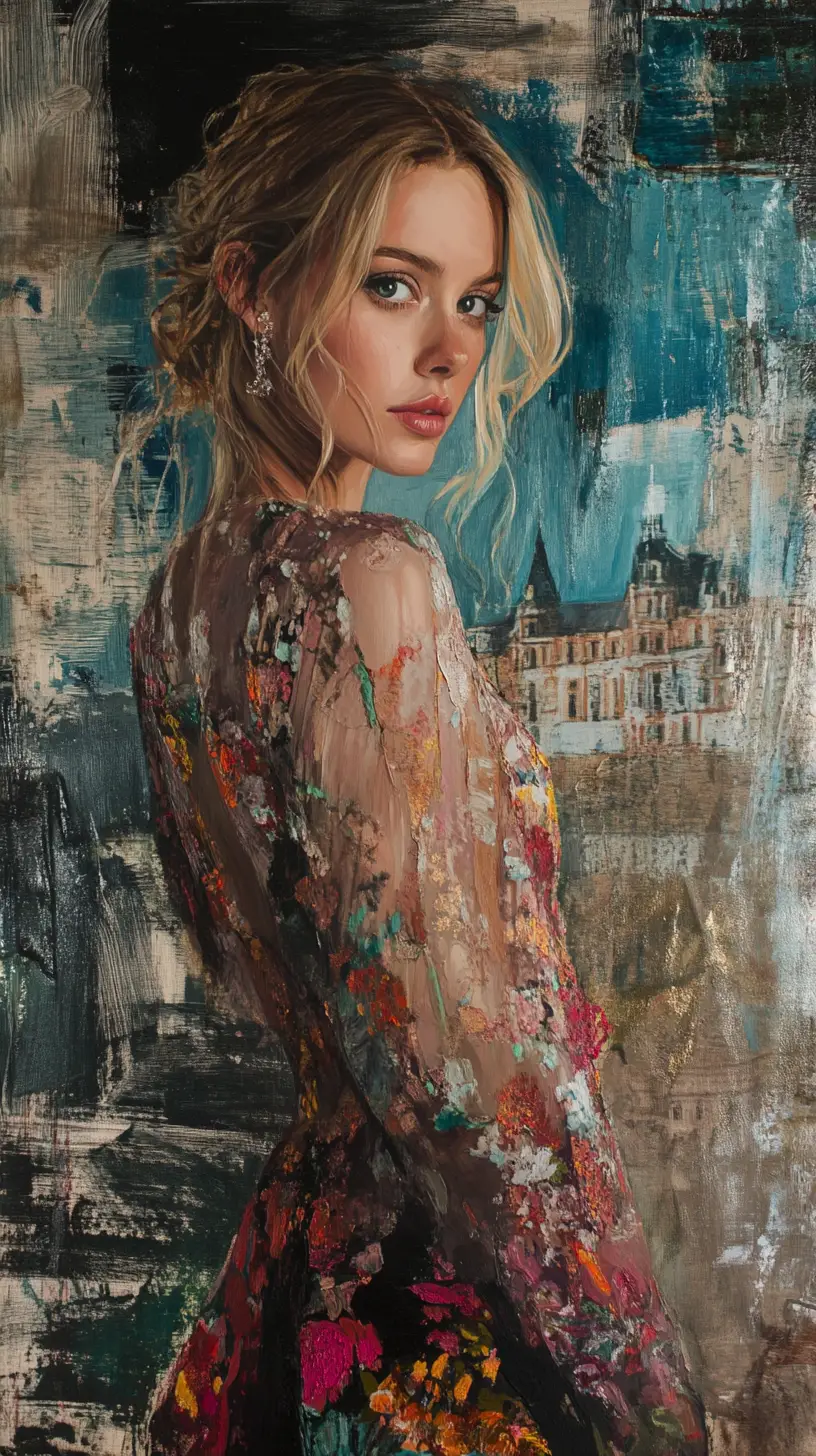 Smiling blonde woman in turquoise silk before night castle