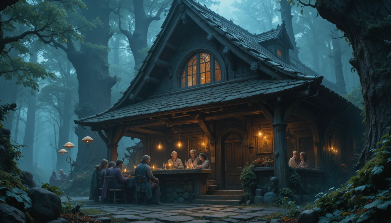 Taberna de fantasía en un bosque encantado con runas brillantes
