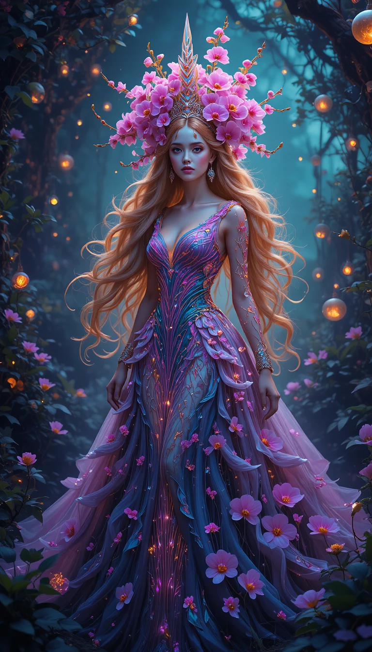 Mystical Queen In Glowing Floral Gown In Enchanted Garden