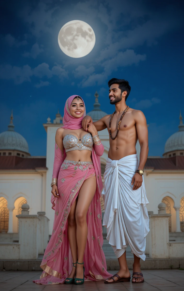 Pareja feliz en la azotea de una mezquita bajo la luna nocturna