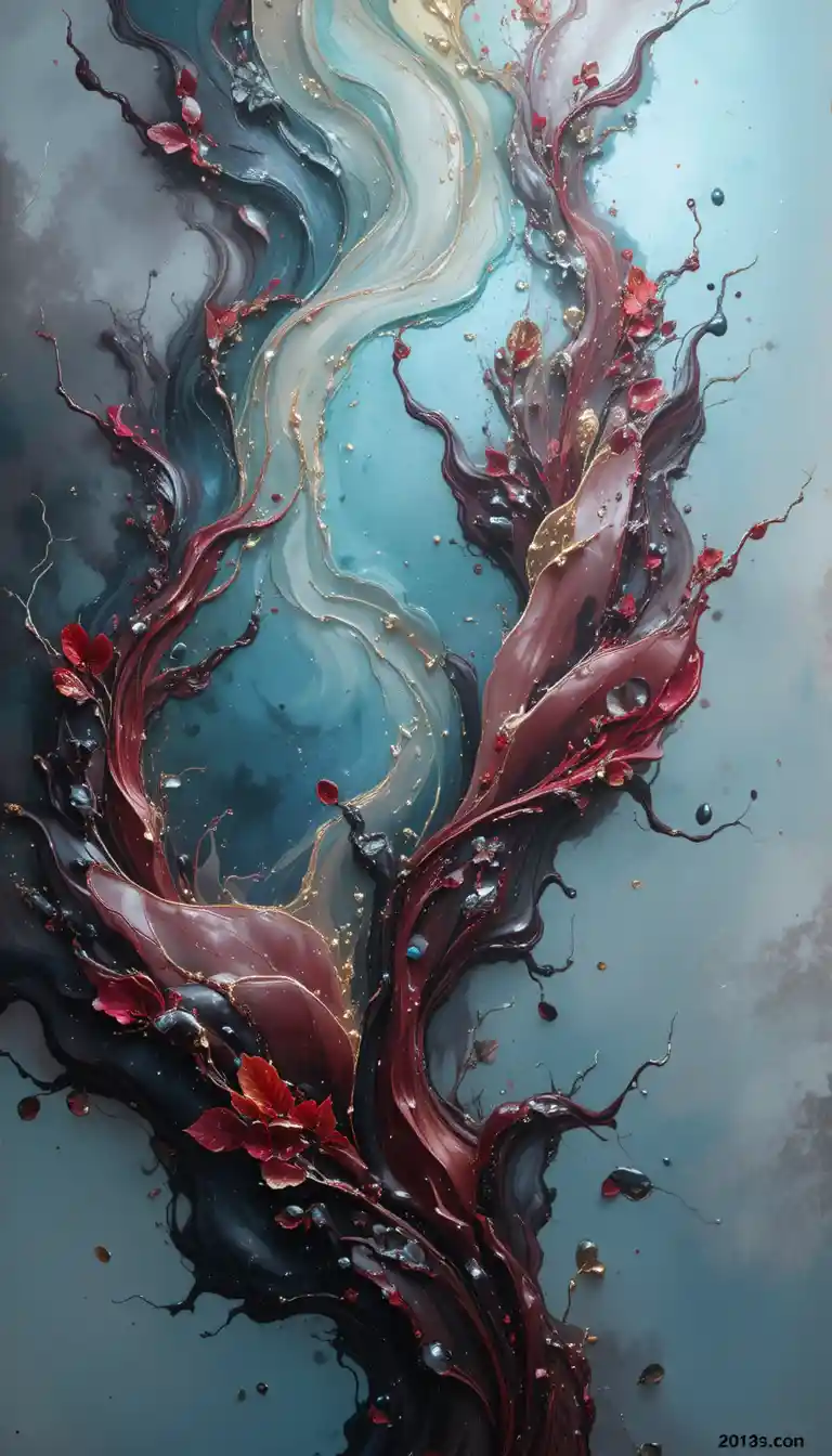 Abstract liquid metal painting in rich crimson and gold tones