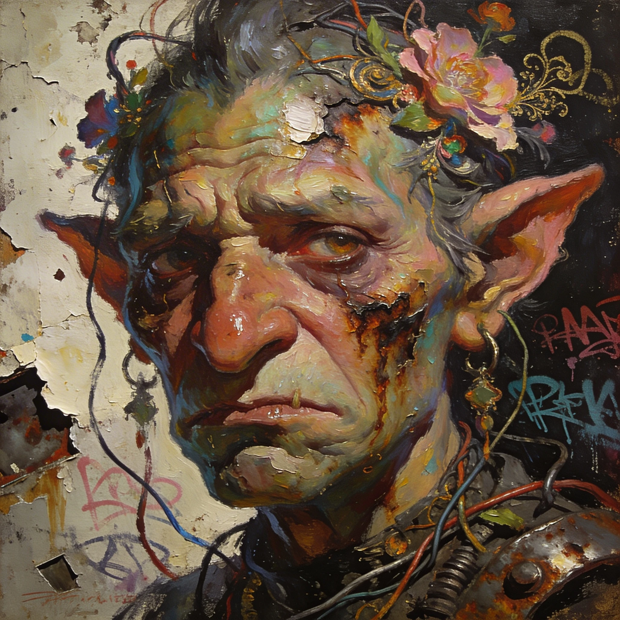Retrato en primer plano de un troll triste en impasto