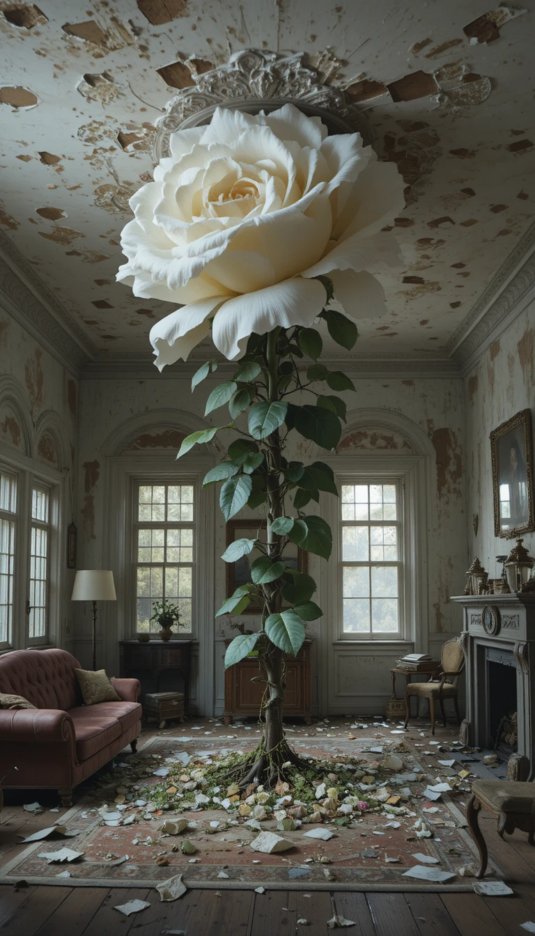 Gigantesca rosa bianca che riempie un soggiorno abbandonato