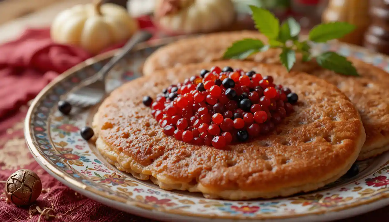 Red and black caviar with pancakes on festive plate