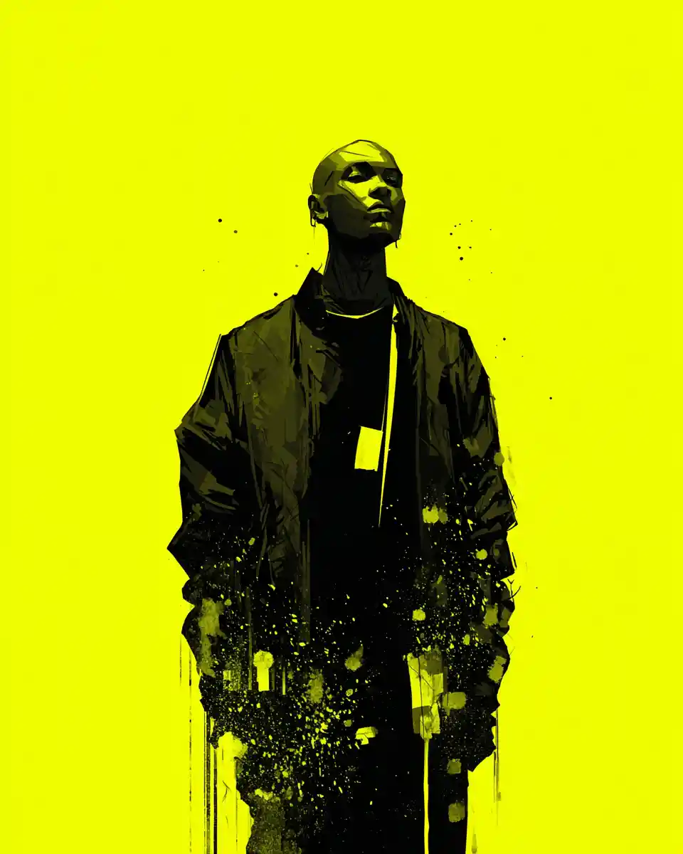 Bold human silhouette with neon accents on black background