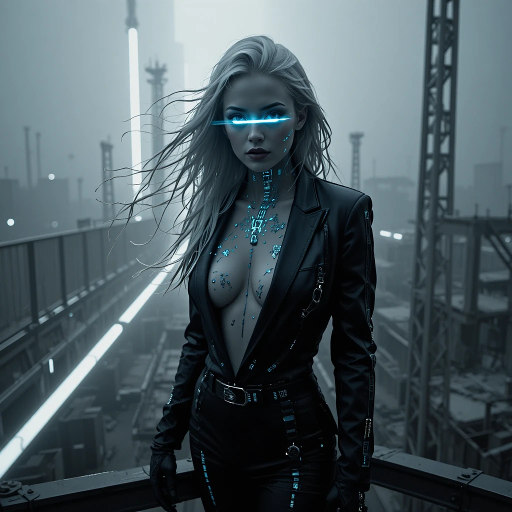 Héroïne cybernétique sur tour frontalière dystopique en néon monochrome