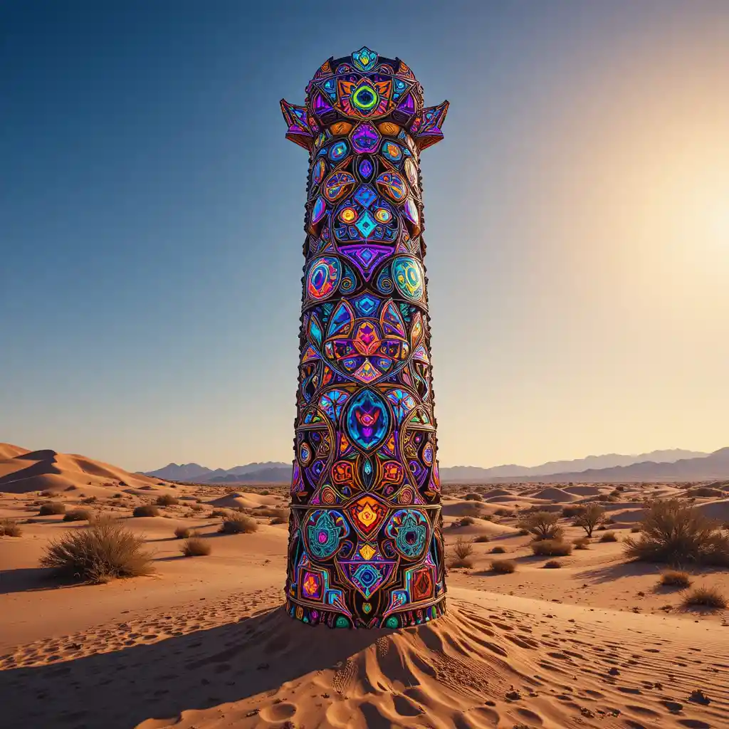 Kaleidoscopic totem rising from bright Arizona desert sands
