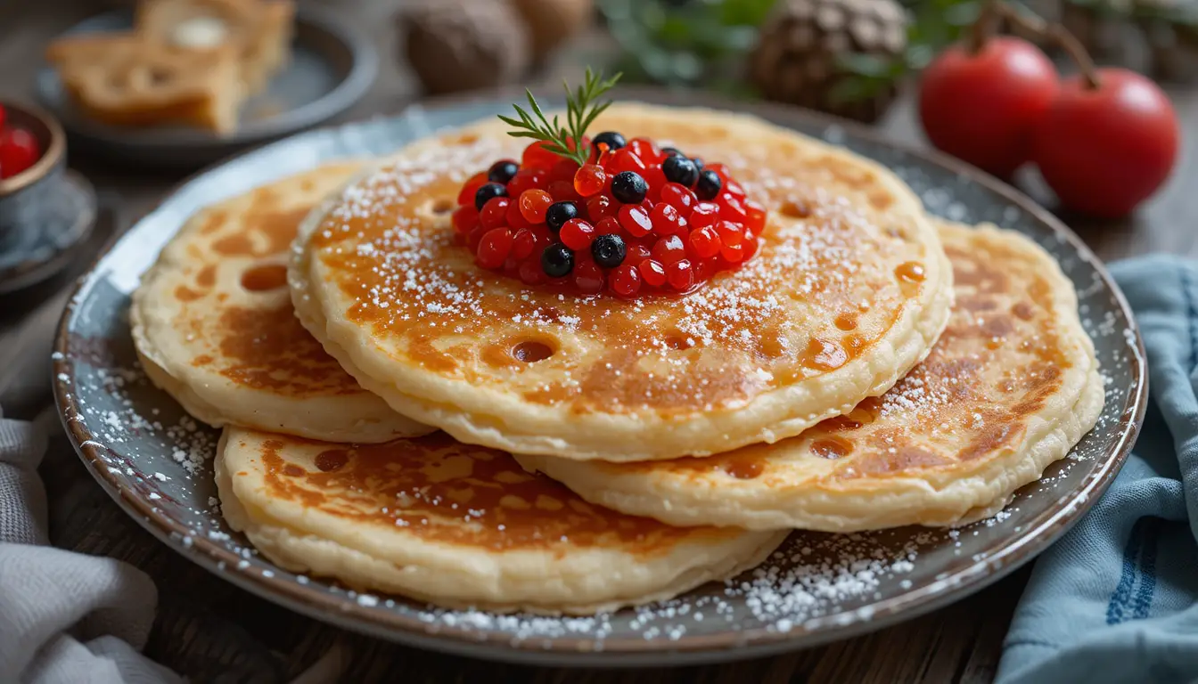Plato de panqueques cubiertos con caviar rojo y negro