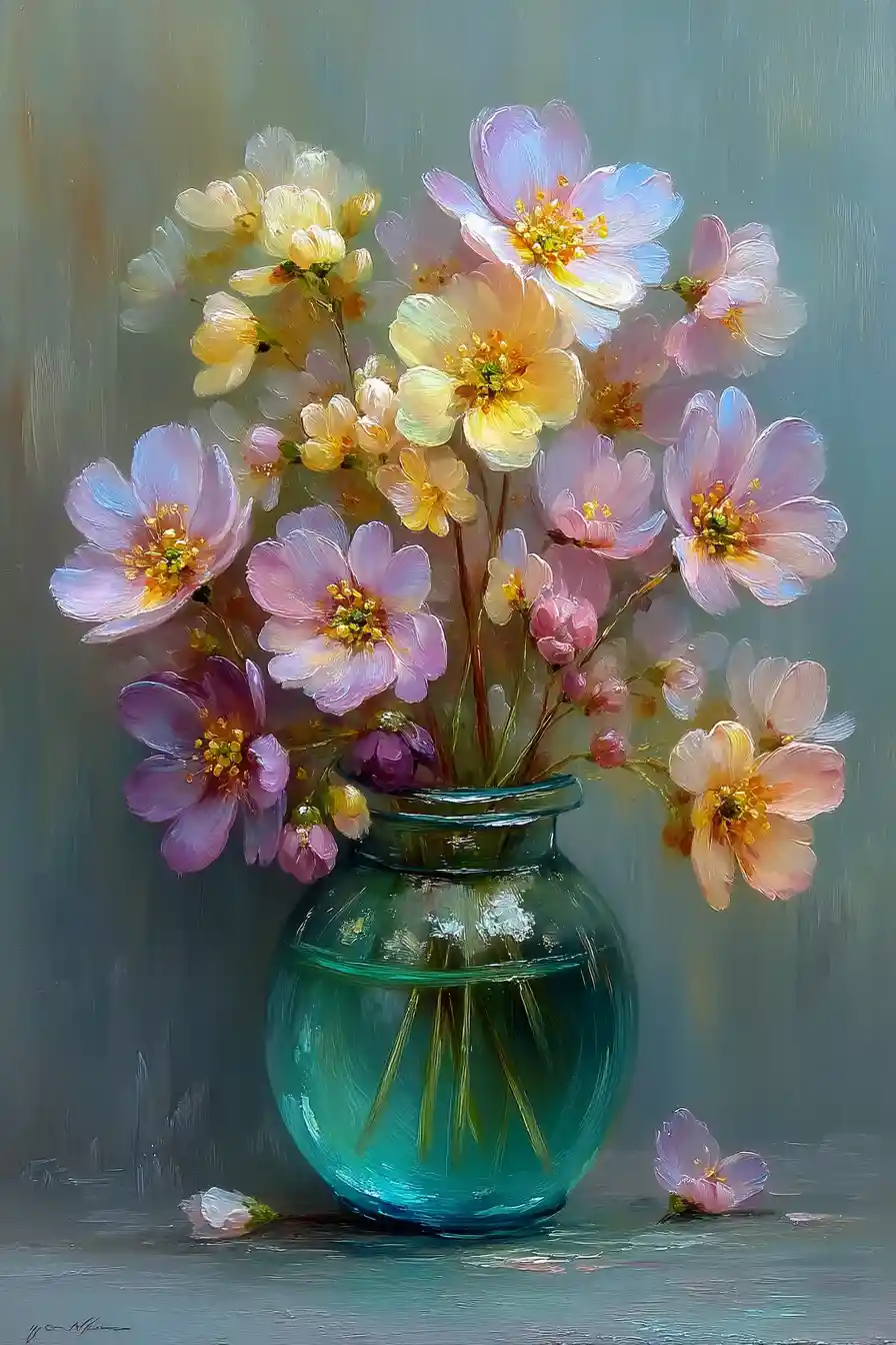 Delicate pastel still life painting with gentle spring glow