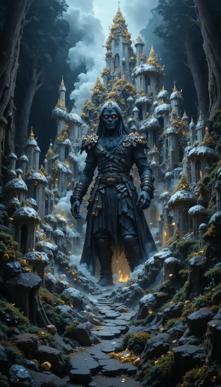 Surreal pirate emerging from golden mountains in dark forest