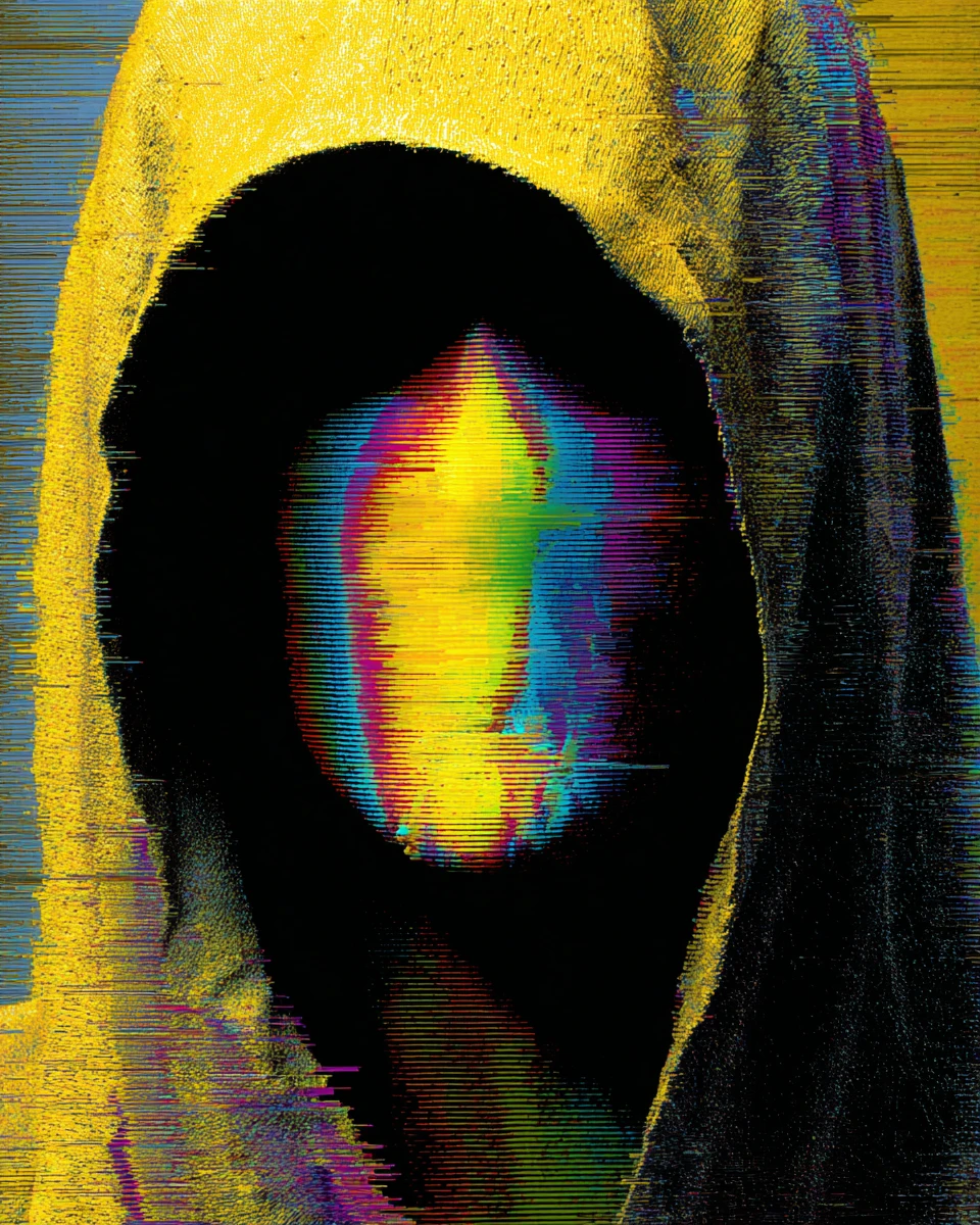 Glitch art of a hooded figure with a rainbow-colored head and textured yellow fabric.