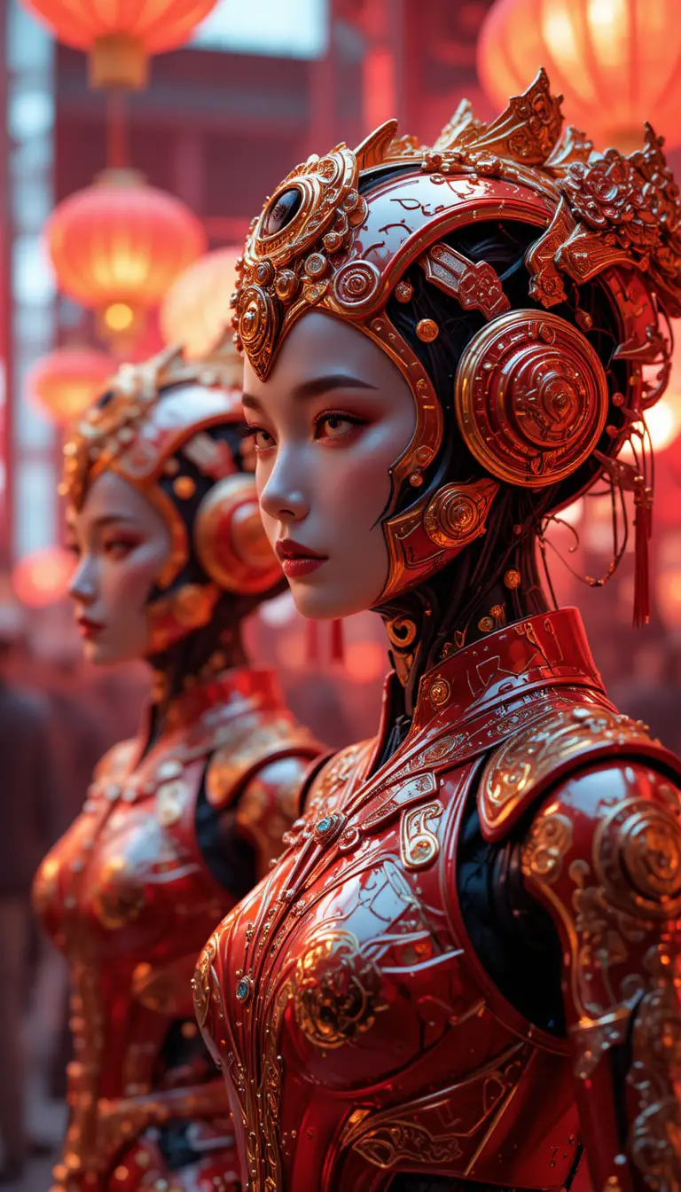 Cyber humanoids celebrating Chinese New Year in neon city