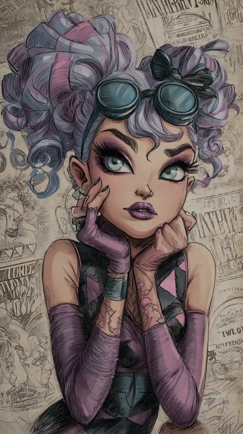 Colorful goth diva in a fantasy high school classroom