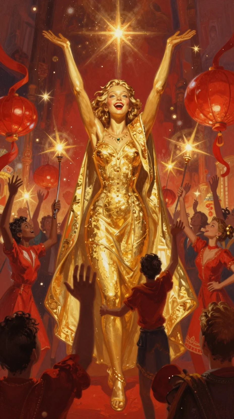 Joyful red and gold digital painting with dynamic light