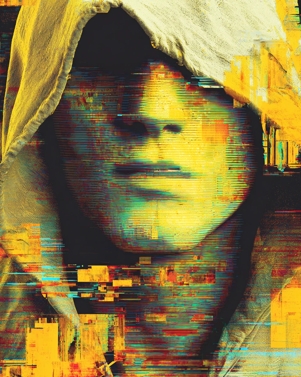 Close up glitch portrait of a hooded faceless figure