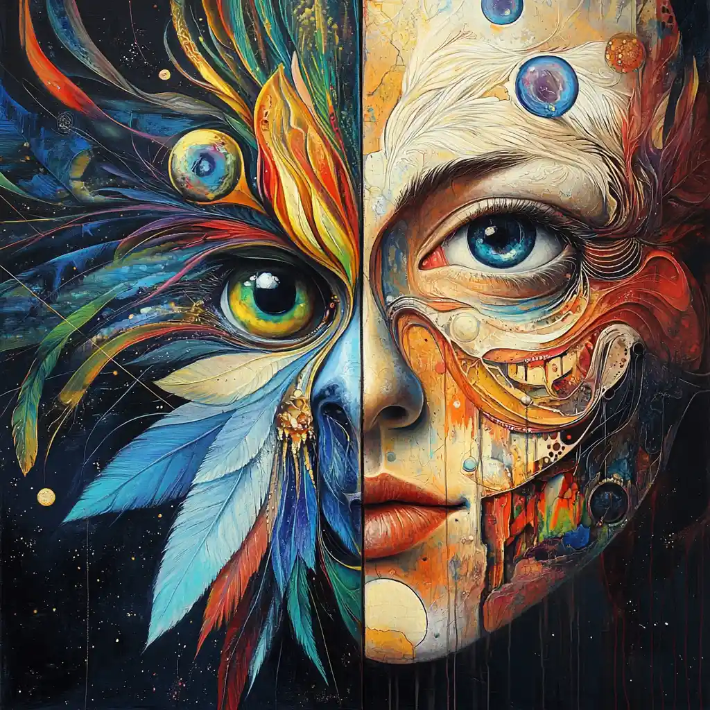 Rostro Híbrido Surreal con Ave Cósmica y Dualidad Humana